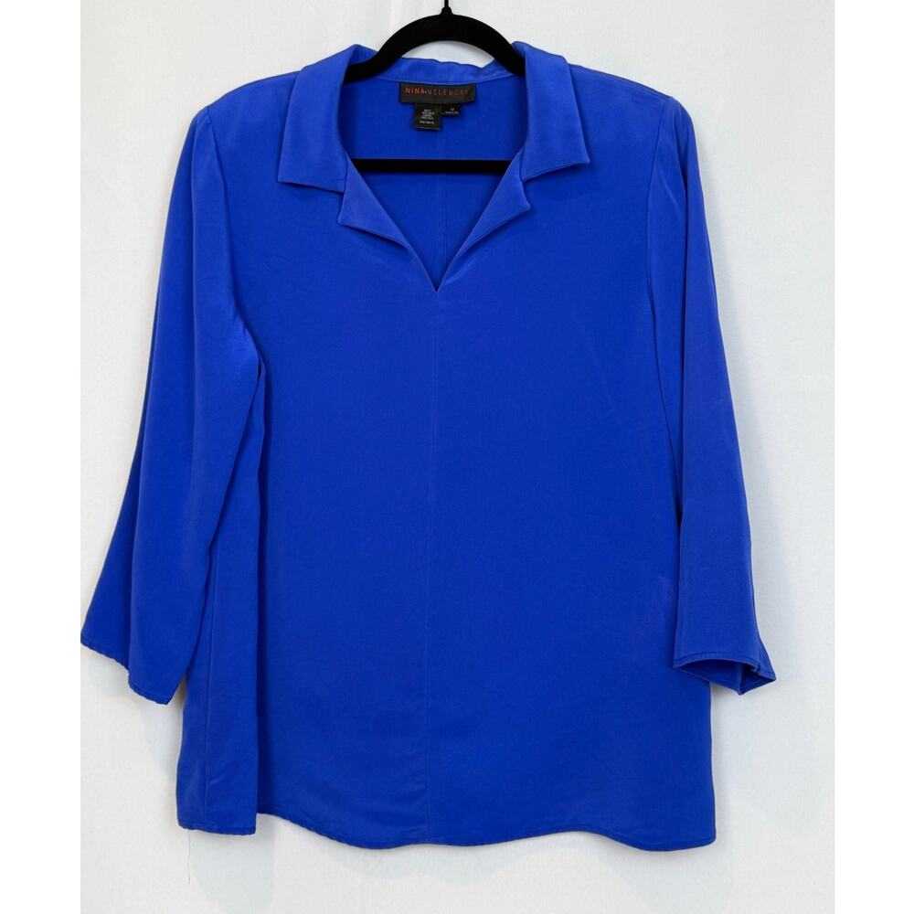 Nina McLemore 100% Silk Tunic Blouse Size 12 Royal Blue 4 Ply Made in USA